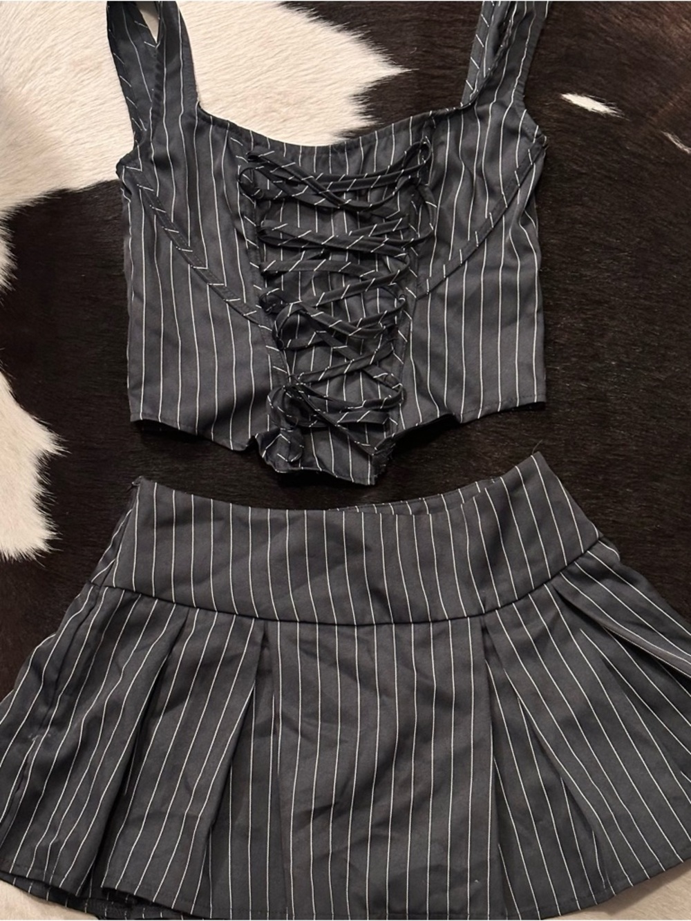PrettyLittleThing Charcoal Pinstripe Lace-Up Crop Top & Pleated Mini Skirt Set